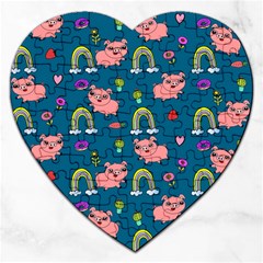 Flowers Pink Pig Piggy Seamless Jigsaw Puzzle (heart) by Ravend