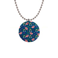 Flowers Pink Pig Piggy Seamless 1  Button Necklace by Ravend