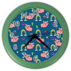 Flowers Pink Pig Piggy Seamless Color Wall Clock by Ravend