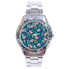 Flowers Pink Pig Piggy Seamless Stainless Steel Analogue Watch by Ravend