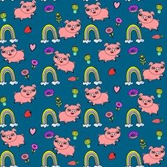 Flowers Pink Pig Piggy Seamless Play Mat (square) by Ravend