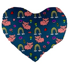 Flowers Pink Pig Piggy Seamless Large 19  Premium Heart Shape Cushions by Ravend