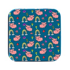 Flowers Pink Pig Piggy Seamless Square Metal Box (black) by Ravend