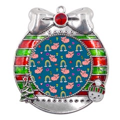 Flowers Pink Pig Piggy Seamless Metal X mas Ribbon With Red Crystal Round Ornament