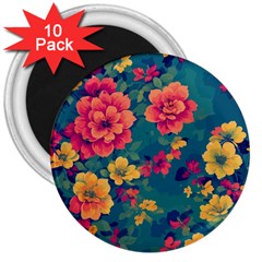 Floral Art Flowers Textile 3  Magnets (10 Pack)  by Ravend