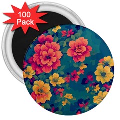 Floral Art Flowers Textile 3  Magnets (100 Pack) by Ravend