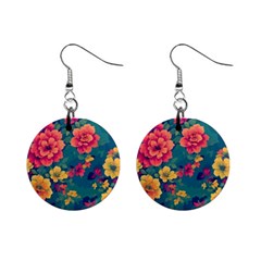 Floral Art Flowers Textile Mini Button Earrings by Ravend