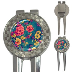 Floral Art Flowers Textile 3-in-1 Golf Divots by Ravend