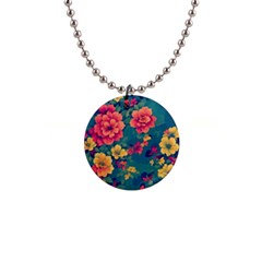 Floral Art Flowers Textile 1  Button Necklace by Ravend