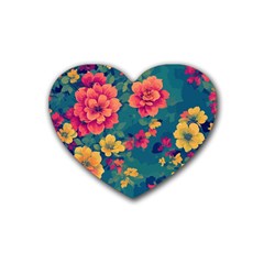 Floral Art Flowers Textile Rubber Coaster (heart) by Ravend