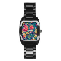 Floral Art Flowers Textile Stainless Steel Barrel Watch by Ravend