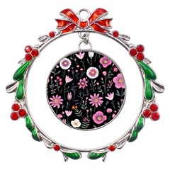 Flowers Pattern Metal X mas Wreath Ribbon Ornament by Ravend