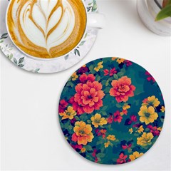 Floral Art Flowers Textile Uv Print Round Tile Coaster by Ravend