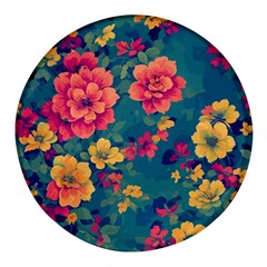 Floral Art Flowers Textile Round Glass Fridge Magnet (4 Pack) by Ravend