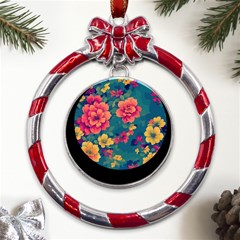 Floral Art Flowers Textile Metal Red Ribbon Round Ornament by Ravend