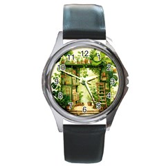 Building Potted Plants Round Metal Watch by Ravend