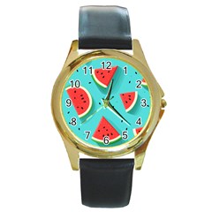 Watermelon Fruit Slice Round Gold Metal Watch by Ravend