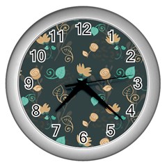 Flowers Leaves Pattern Seamless Wall Clock (silver) by Ravend