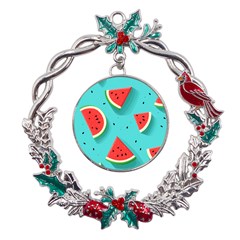 Watermelon Fruit Slice Metal X mas Wreath Holly Leaf Ornament