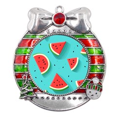 Watermelon Fruit Slice Metal X mas Ribbon With Red Crystal Round Ornament by Ravend