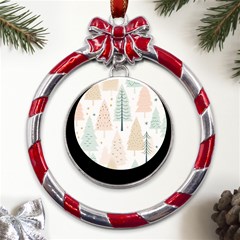 Trees Christmas Metal Red Ribbon Round Ornament