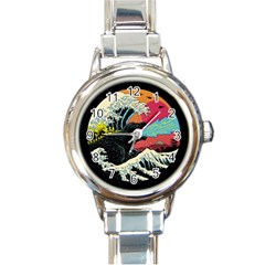 Retro Wave Kaiju Godzilla Japanese Pop Art Style Round Italian Charm Watch by Modalart