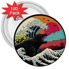 Retro Wave Kaiju Godzilla Japanese Pop Art Style 3  Buttons (100 Pack)  by Modalart