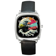 Retro Wave Kaiju Godzilla Japanese Pop Art Style Square Metal Watch by Modalart