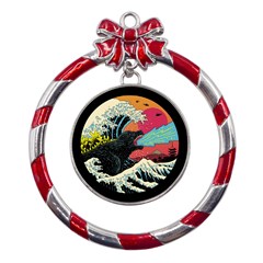 Retro Wave Kaiju Godzilla Japanese Pop Art Style Metal Red Ribbon Round Ornament by Modalart