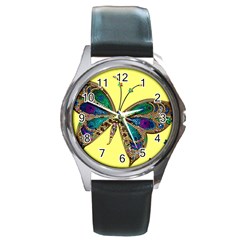 Butterfly Mosaic Yellow Colorful Round Metal Watch by Amaryn4rt