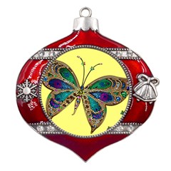 Butterfly Mosaic Yellow Colorful Metal Snowflake And Bell Red Ornament by Amaryn4rt