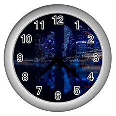 Illuminated Cityscape Against Blue Sky At Night Wall Clock (silver) by Modalart