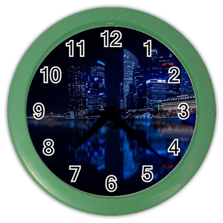 Illuminated Cityscape Against Blue Sky At Night Color Wall Clock