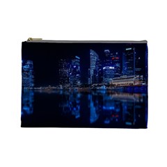 Illuminated Cityscape Against Blue Sky At Night Cosmetic Bag (large) by Modalart