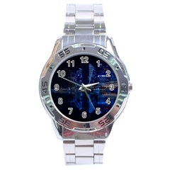 Illuminated Cityscape Against Blue Sky At Night Stainless Steel Analogue Watch by Modalart