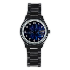 Illuminated Cityscape Against Blue Sky At Night Stainless Steel Round Watch by Modalart