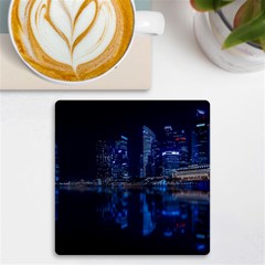 Illuminated Cityscape Against Blue Sky At Night Uv Print Square Tile Coaster  by Modalart