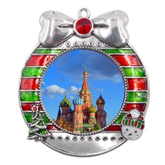 Architecture Building Cathedral Church Metal X mas Ribbon With Red Crystal Round Ornament by Modalart