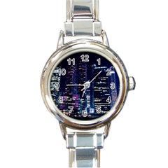 Black Building Lighted Under Clear Sky Round Italian Charm Watch by Modalart