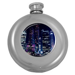 Black Building Lighted Under Clear Sky Round Hip Flask (5 Oz) by Modalart