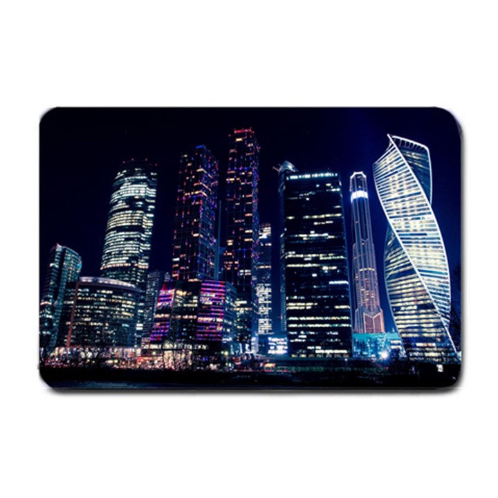 Black Building Lighted Under Clear Sky Small Doormat