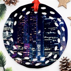 Black Building Lighted Under Clear Sky Round Filigree Ornament (two Sides)