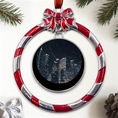 Time Lapse Photo Of City Metal Red Ribbon Round Ornament by Modalart