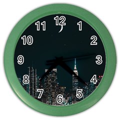 Skyline Photography Of Buildings Color Wall Clock by Modalart