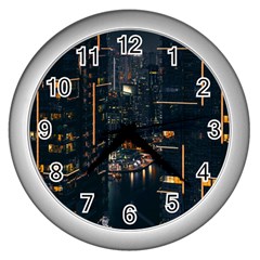 Photo Of Buildings During Nighttime Wall Clock (silver) by Modalart