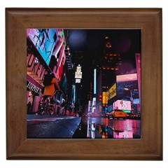 Roadway Surrounded Building During Nighttime Framed Tile by Modalart