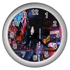 Roadway Surrounded Building During Nighttime Wall Clock (silver) by Modalart