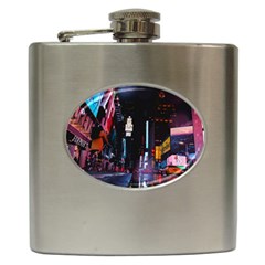 Roadway Surrounded Building During Nighttime Hip Flask (6 Oz) by Modalart