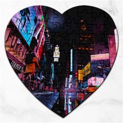 Roadway Surrounded Building During Nighttime Jigsaw Puzzle (heart) by Modalart