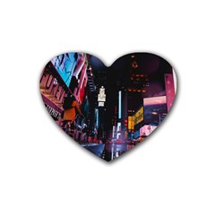 Roadway Surrounded Building During Nighttime Rubber Coaster (heart) by Modalart